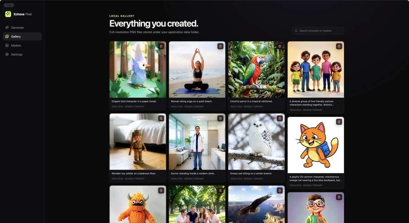 Current Echova Pixel Gallery screen filled with locally created images
