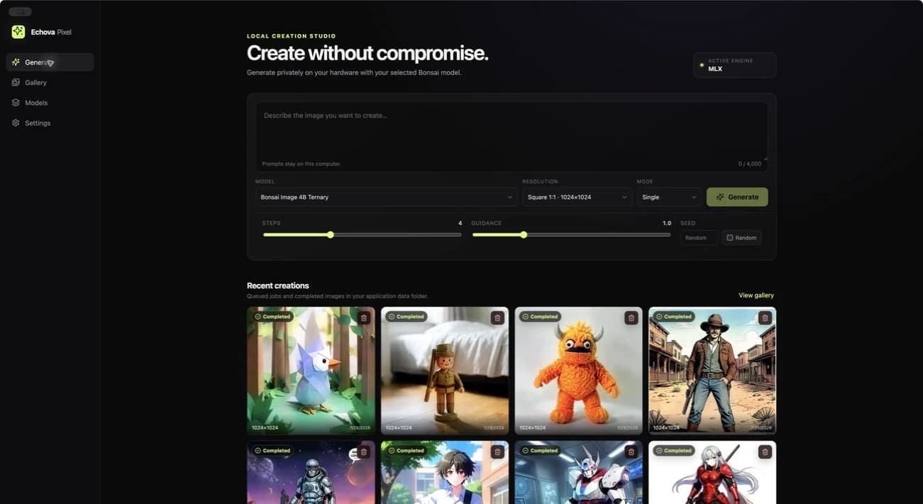 Current Echova Pixel Generate screen showing the creation controls and recent images