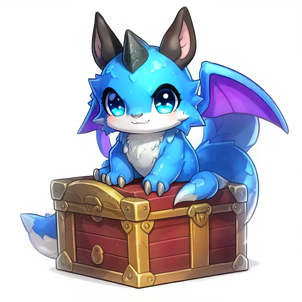 Small blue dragon sitting on a treasure chest, generated in Echova Pixel