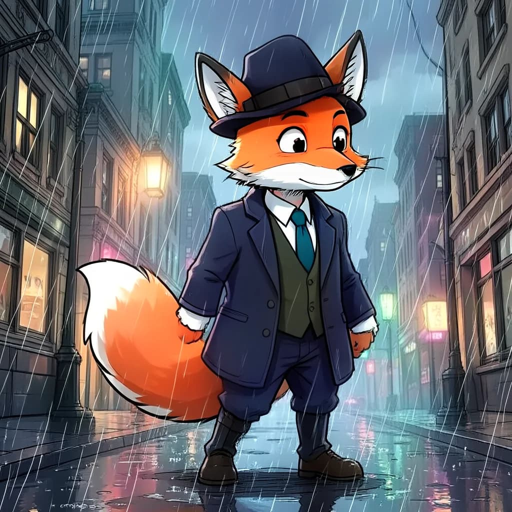 Cartoon fox detective standing in a rainy city, generated in Echova Pixel