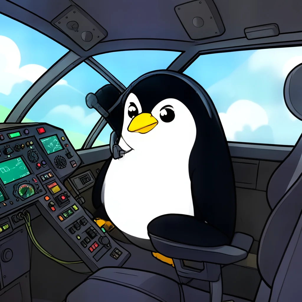 Cartoon penguin pilot sitting inside a cockpit, generated in Echova Pixel