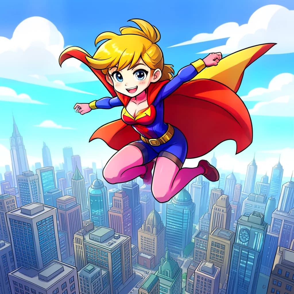 Cartoon superhero girl flying above a city, generated in Echova Pixel