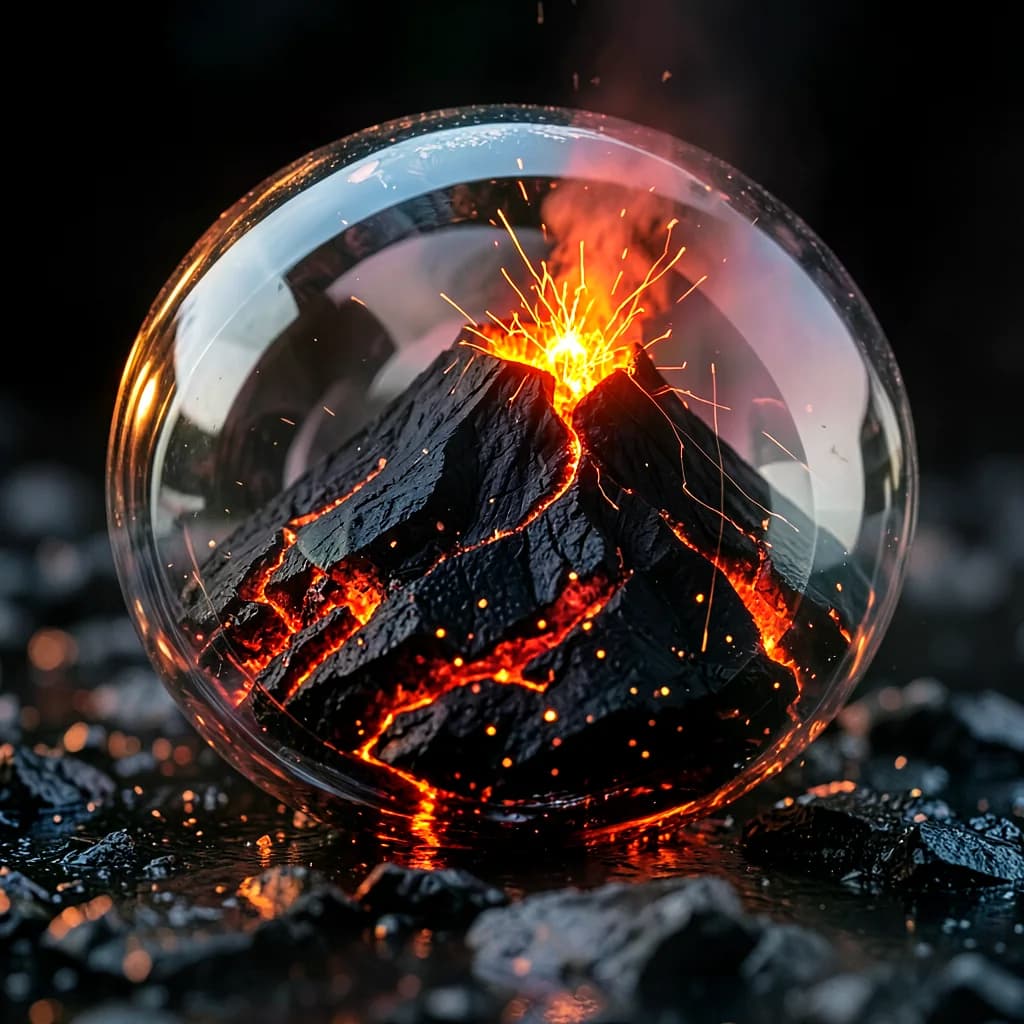 Glowing volcano contained inside a glass sphere, generated in Echova Pixel