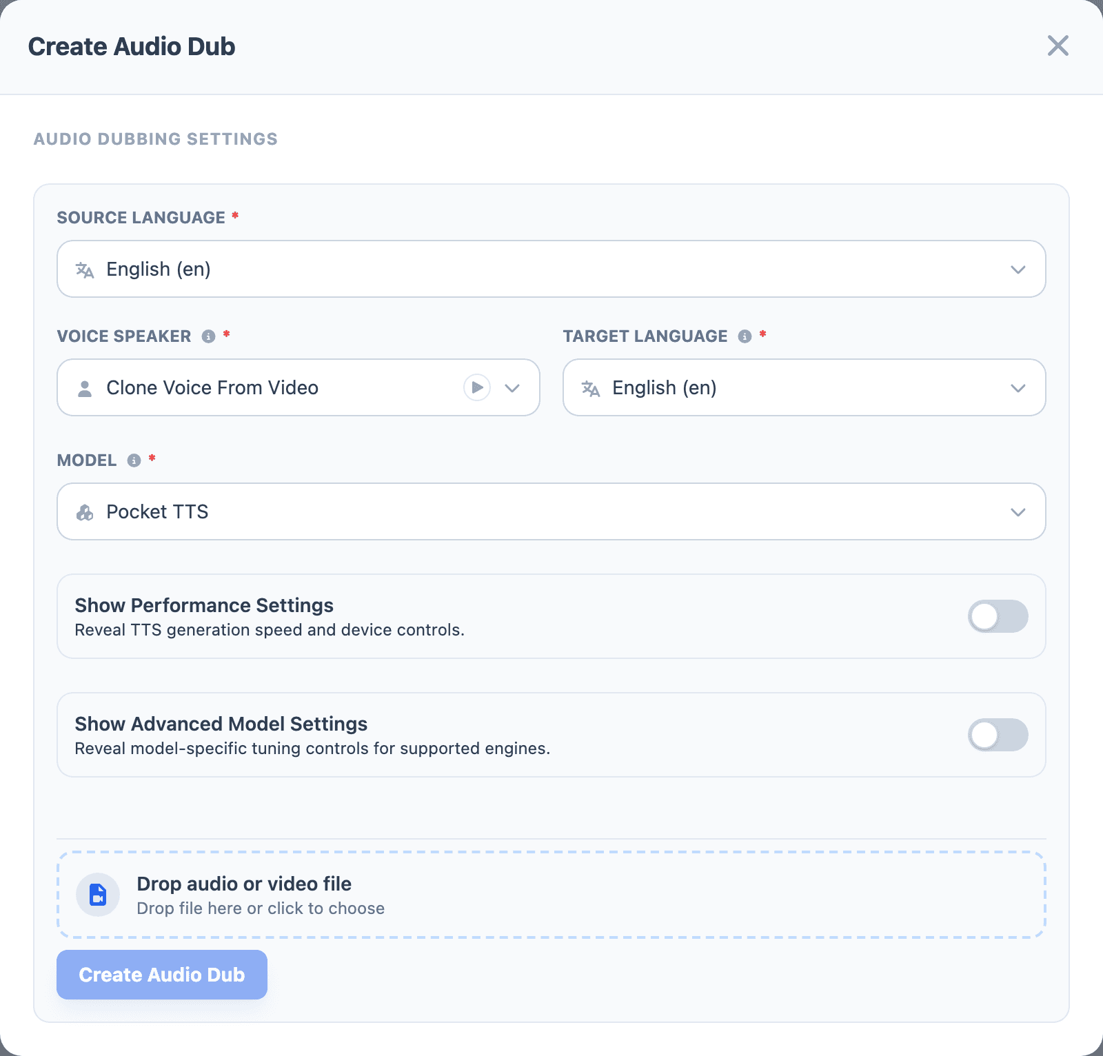 Audio dubbing settings in the create modal