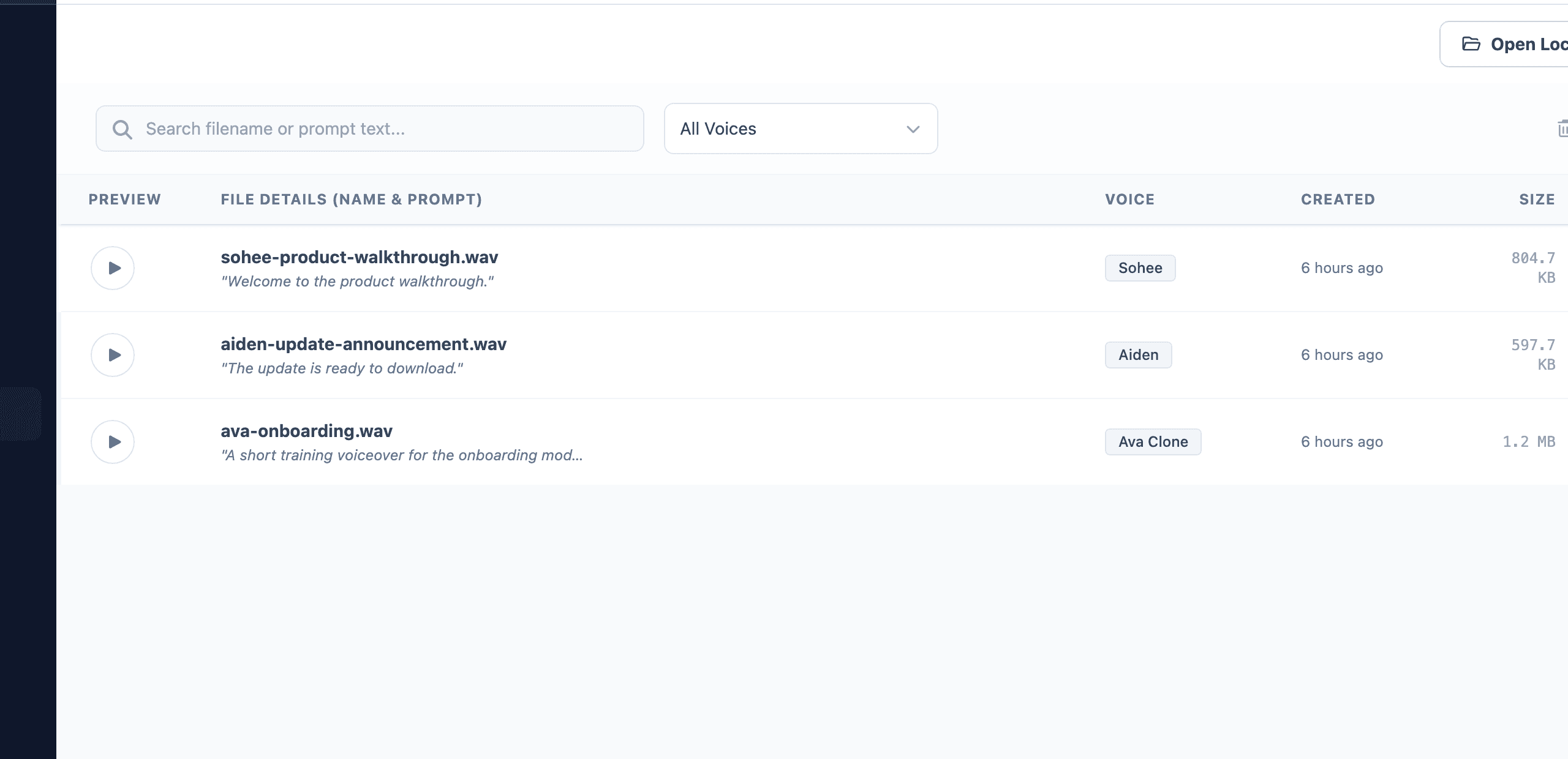 Audio Library search and file list