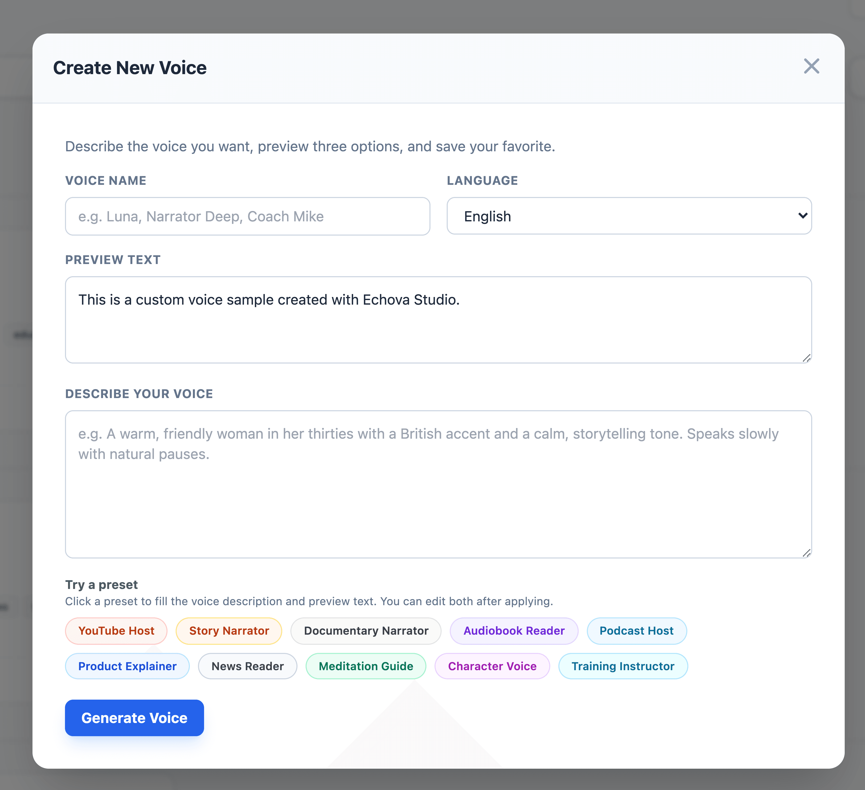 Create New Voice modal