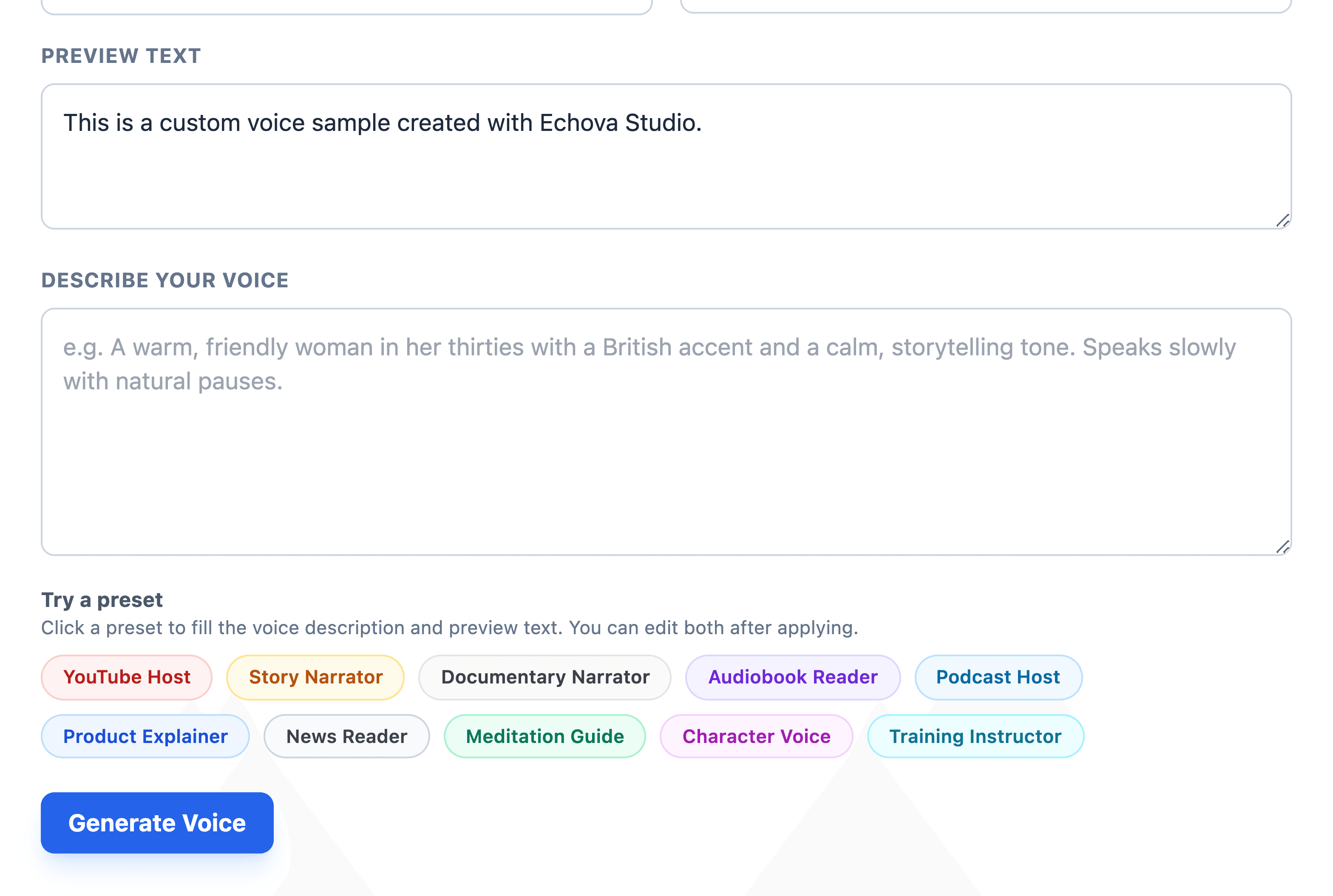 Create New Voice prompt and preview fields