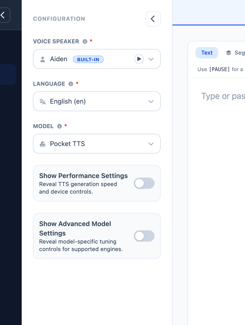 Studio voice, language, and model controls