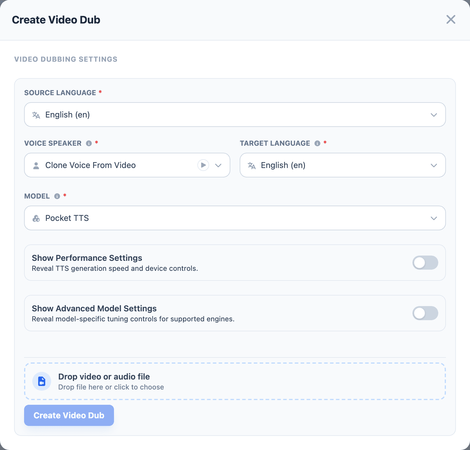 Video dubbing settings in the create modal