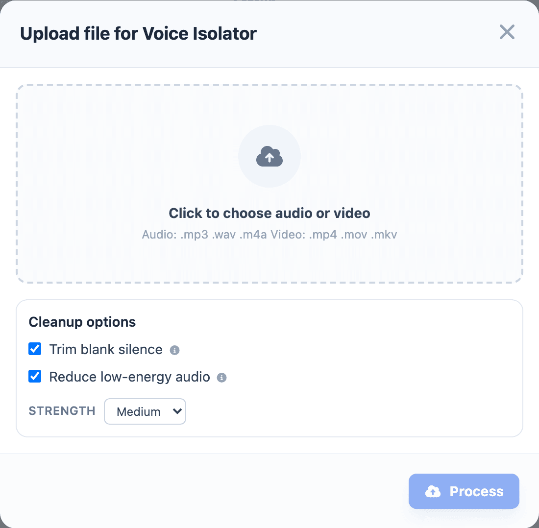 Voice Isolator upload and output options