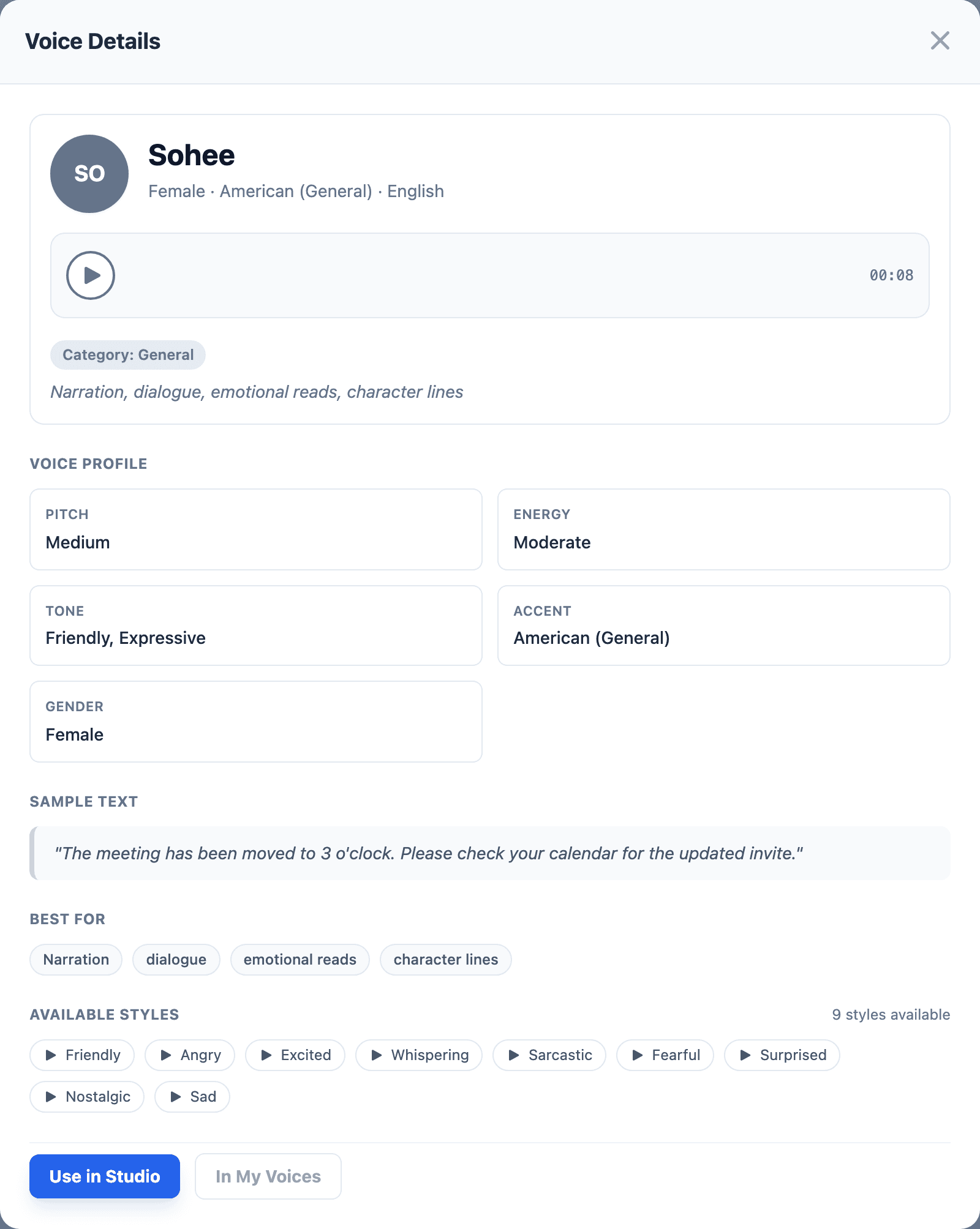 Sohee voice details showing available emotion styles